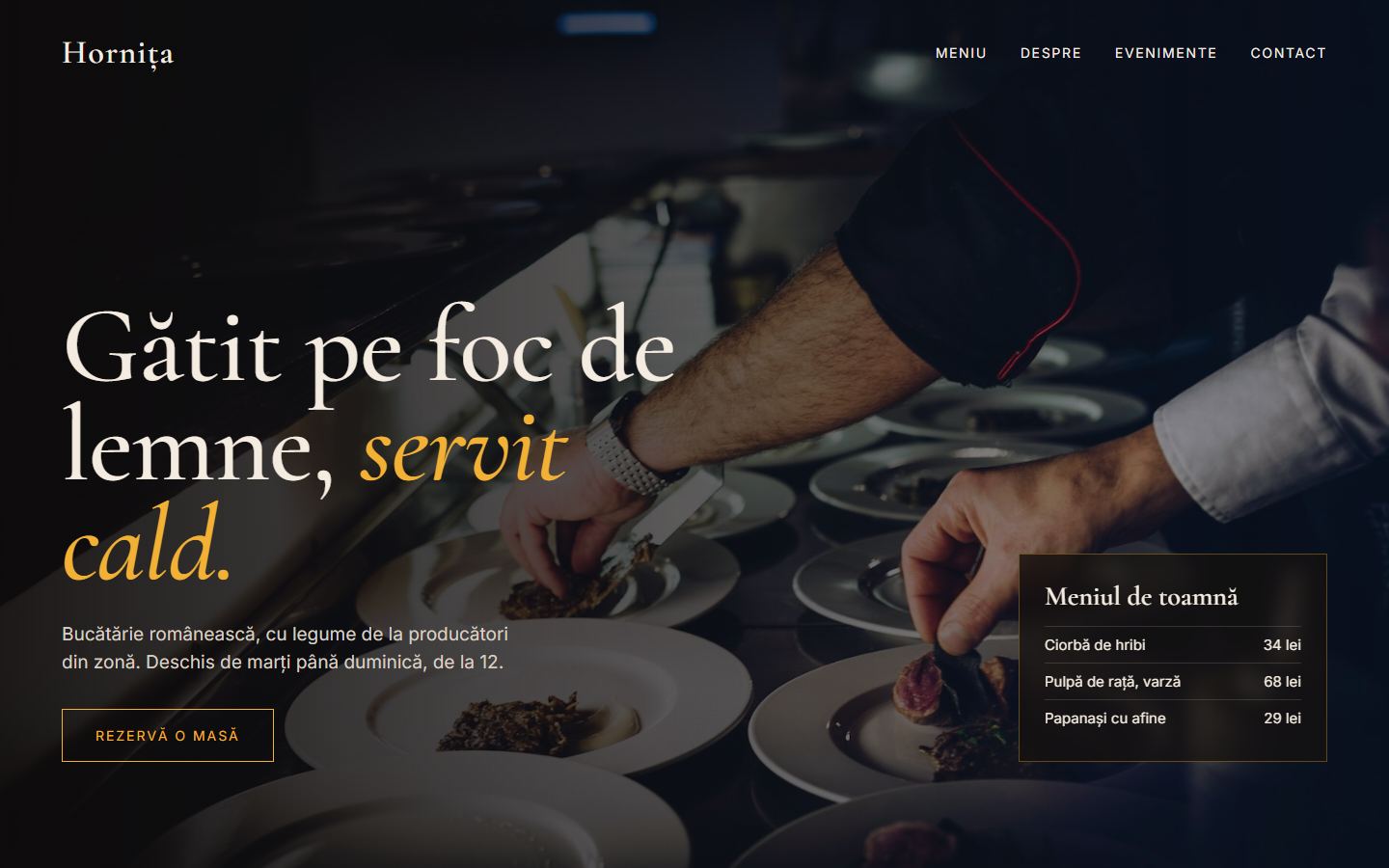 Machetă pentru restaurantul Hornița: un bucătar aranjează farfurii