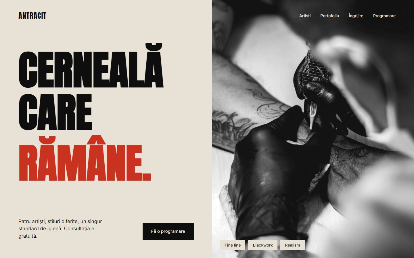 Machetă pentru salonul de tatuaje Antracit: titlu mare roșu și negru